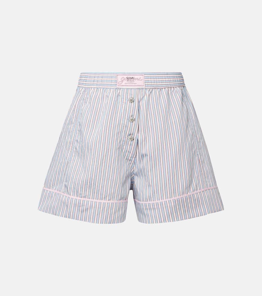 Ganni Violet Shorts With Logo Patch On The Front And All-over Striped Motif In Viscose Blend Woman In Blue