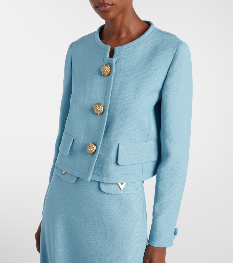 Valentino Womens Bluish Grey Embellished-button Round-neck Woven Jacket In Blue