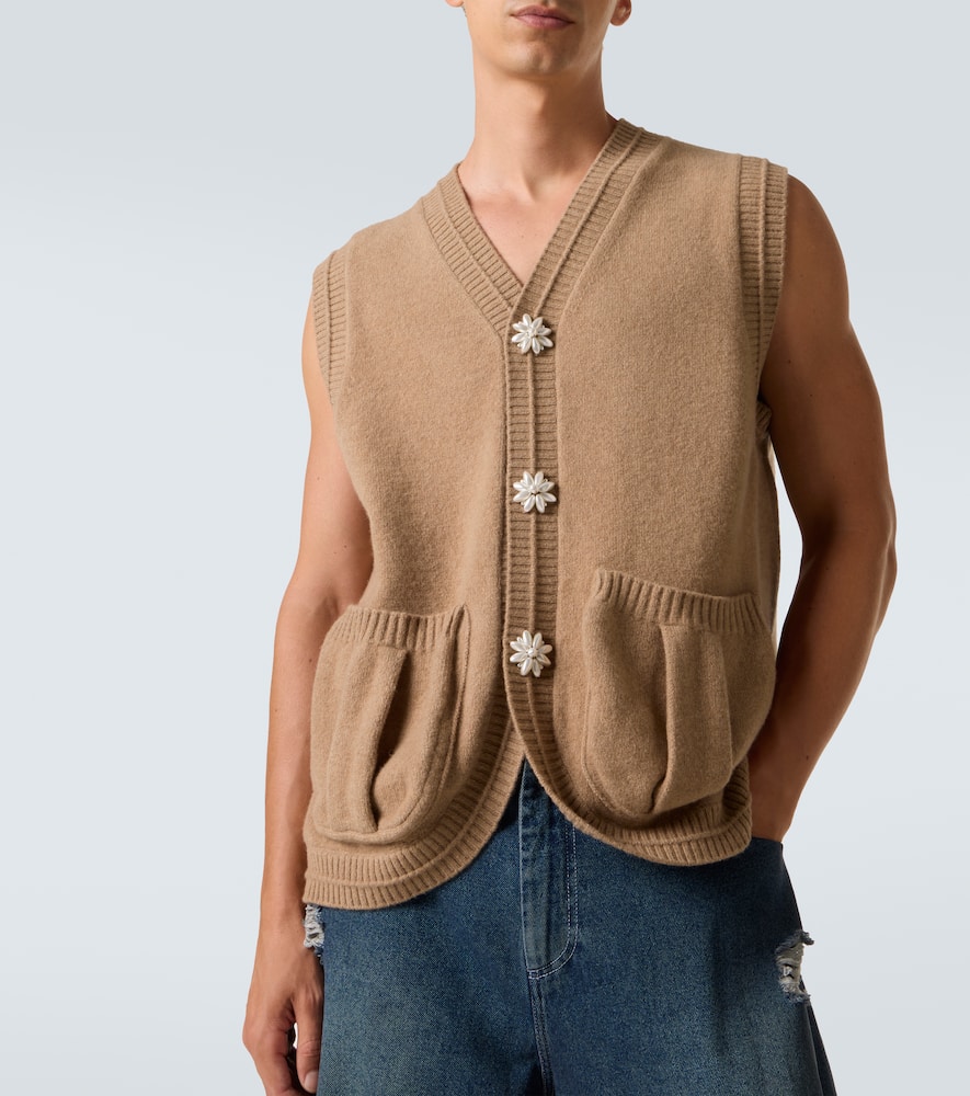 Simone Rocha Faux Pearl-embellished Wool-blend Vest In Brown