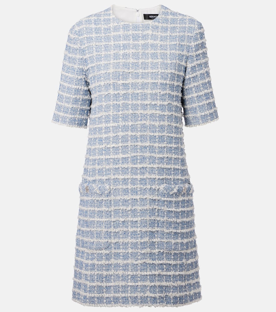 Versace Short-sleeve Windowpane Tweed Boucle Mini Dress