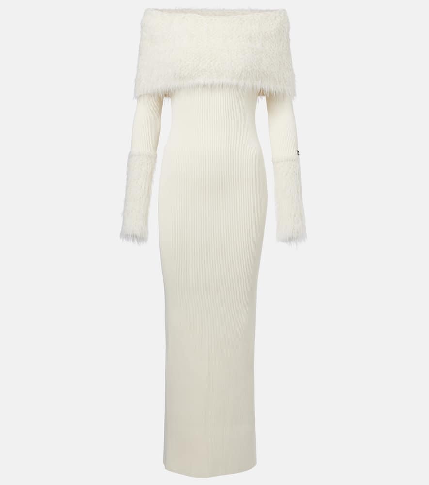 Ribbed-knit faux fur-trimmed maxi dress