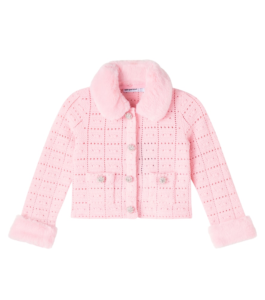 Self-portrait Faux Faux-trimmed Cotton-blend Cardigan In Pink