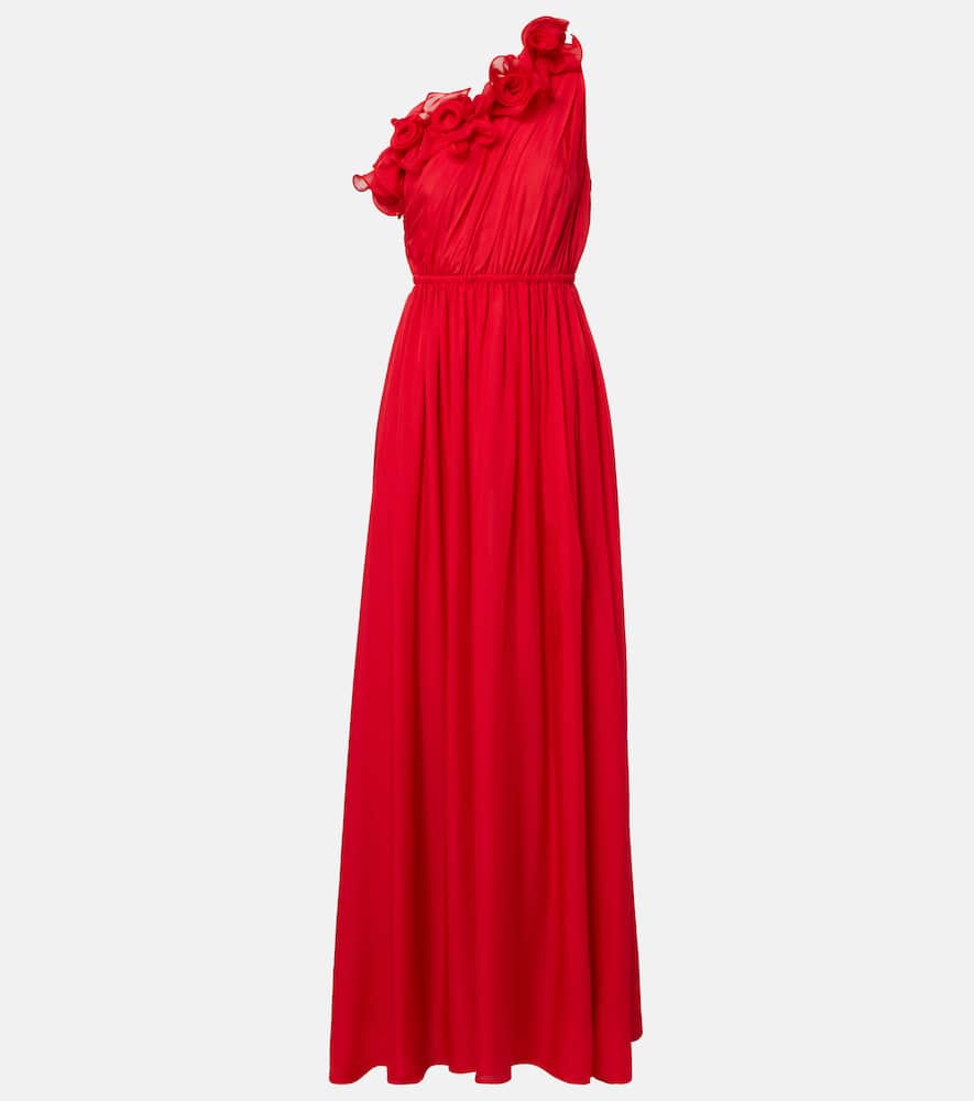 Leo Lin Jenni Draped Floral-applique Silk Gown In Red