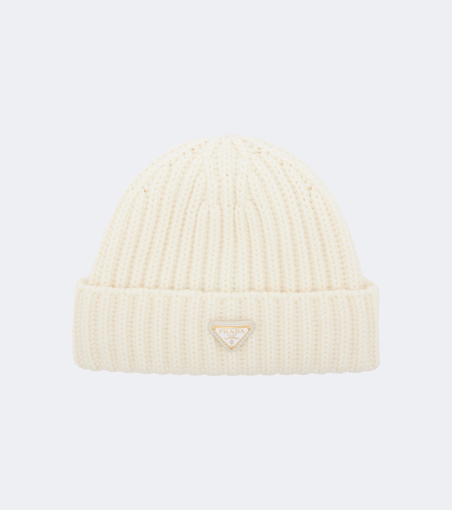 Prada Ribbed-knit Virgin Wool Beanie In Beige