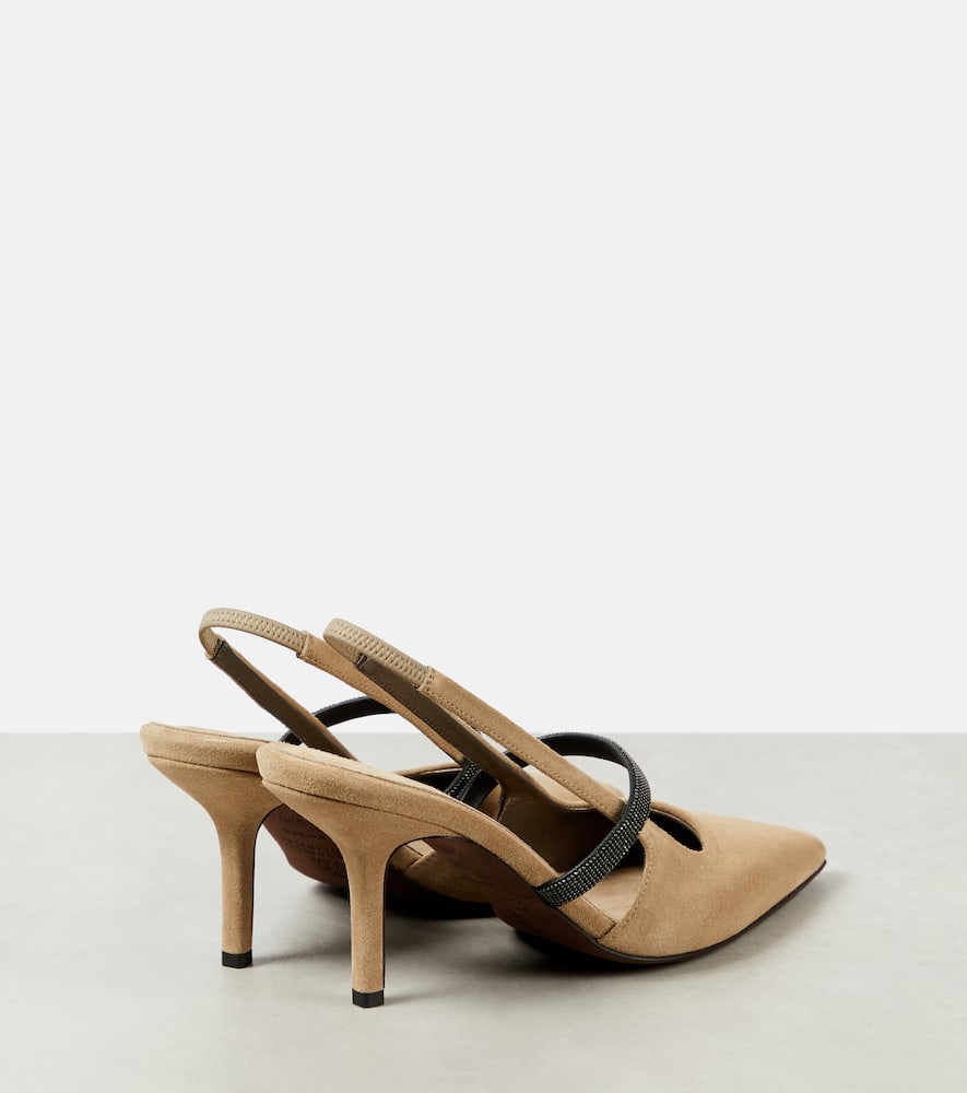 Brunello Cucinelli Embellished Suede Slingback Pumps In Brown