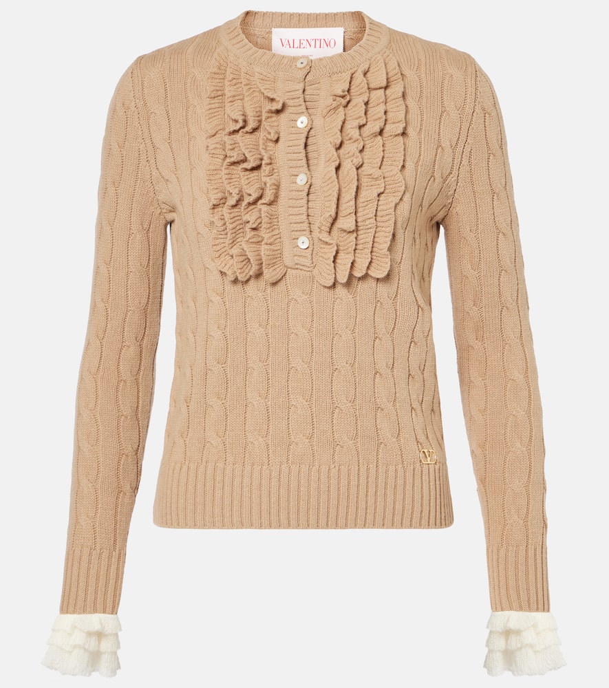 Ruffled cable-knit virgin wool sweater