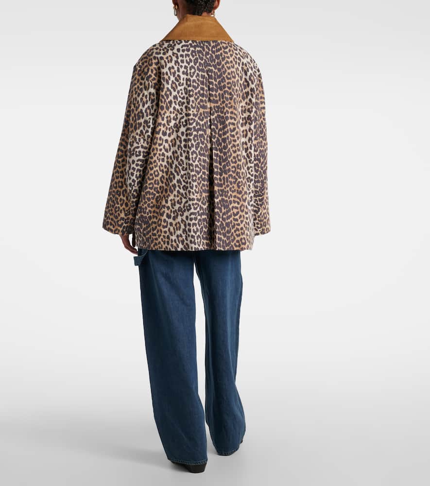 Ganni Leopard Printed Canvas Midi Puffer Jackets Brown In Almond Milk