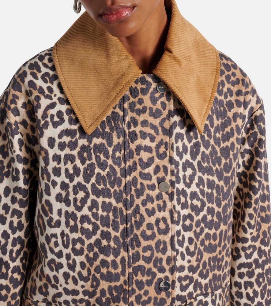 Ganni Leopard Printed Canvas Midi Puffer Jackets Brown In Almond Milk