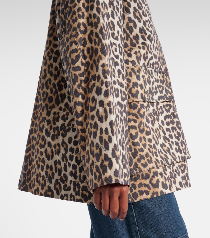 Ganni Leopard Printed Canvas Midi Puffer Jackets Brown In Almond Milk
