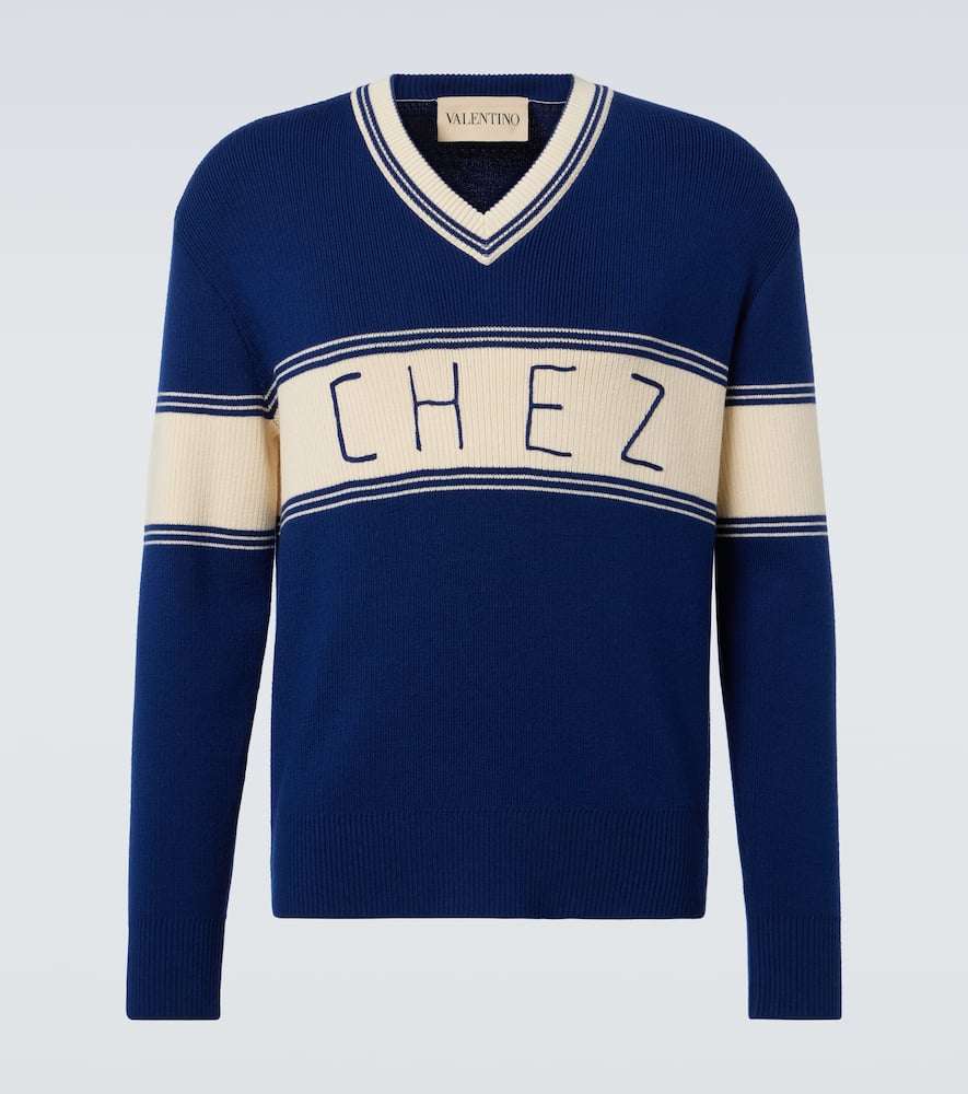 Valentino Embroidered Striped Virgin Wool And Cotton-blend Sweater In Blue