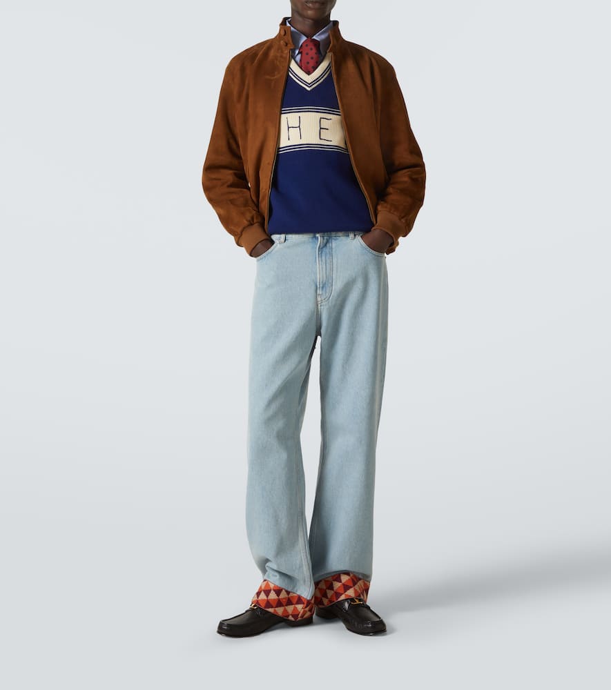 Valentino Embroidered Striped Virgin Wool And Cotton-blend Sweater In Blue