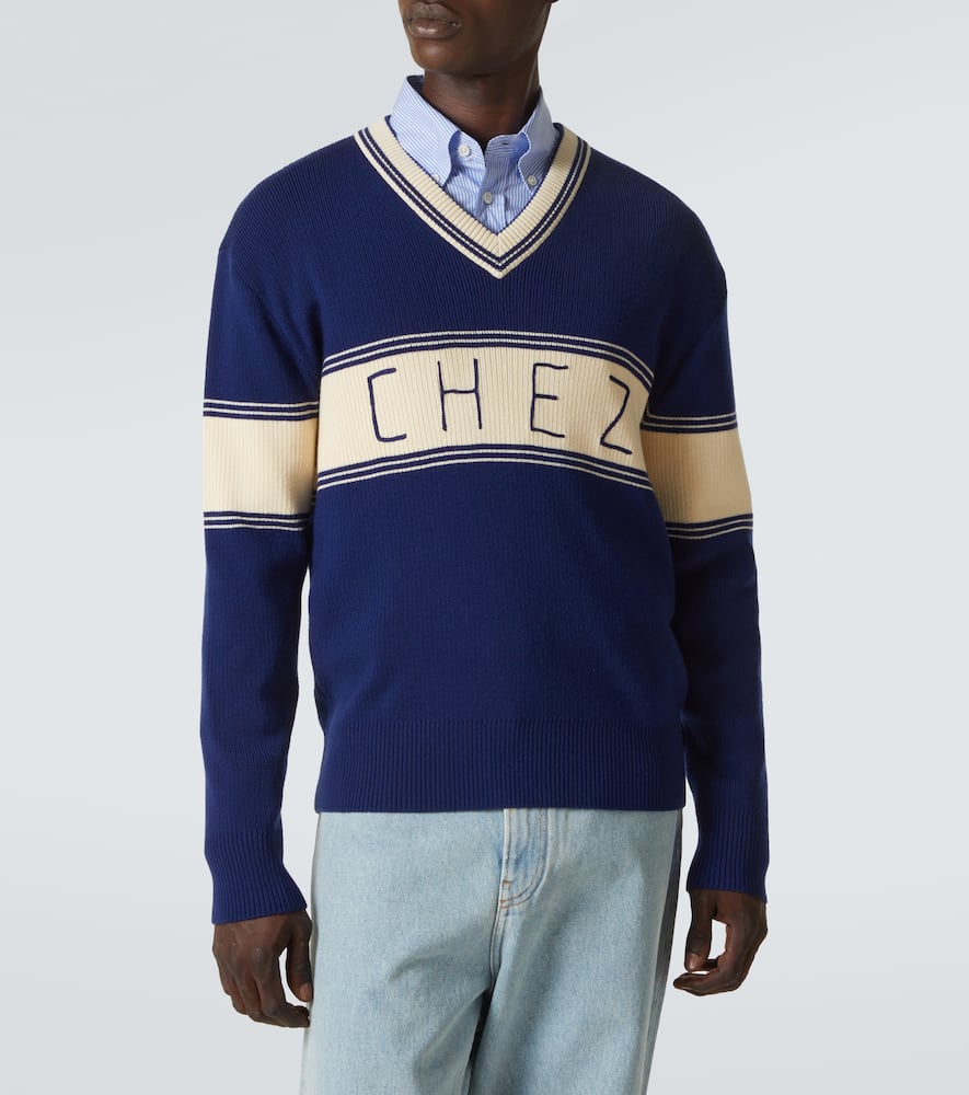 Valentino Embroidered Striped Virgin Wool And Cotton-blend Sweater In Blue