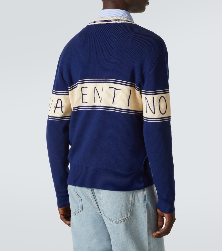 Valentino Embroidered Striped Virgin Wool And Cotton-blend Sweater In Blue