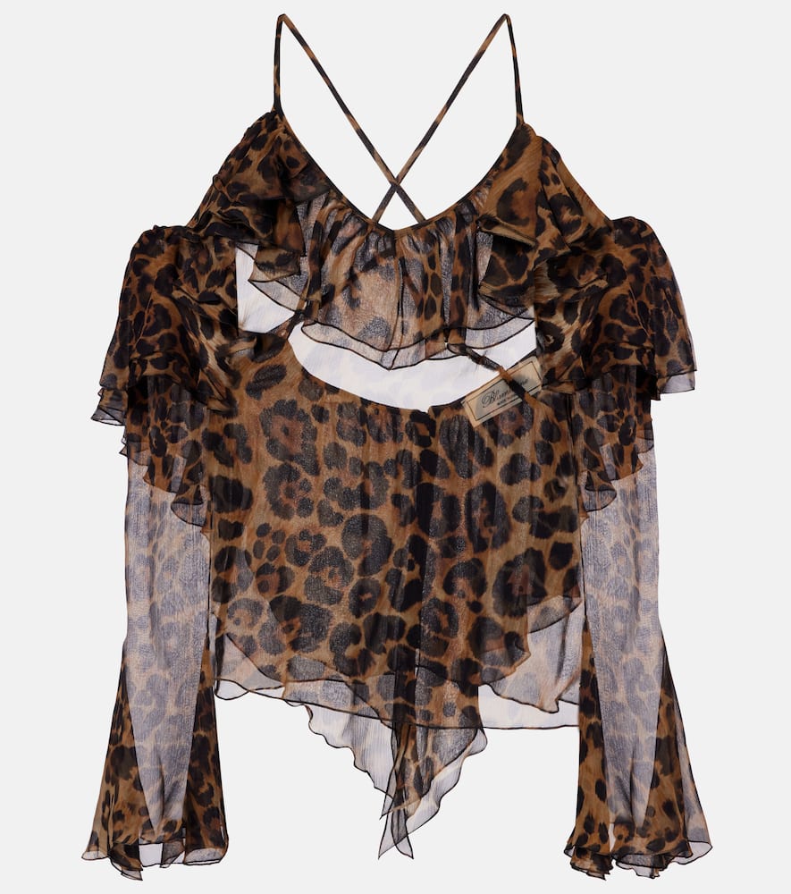 Leopard-print draped silk top