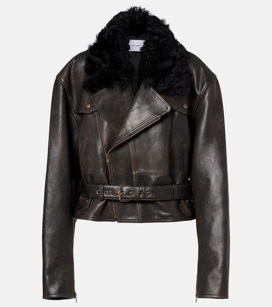 Alex Perry Shearling-trimmed Cropped Leather Biker Jacket In Black