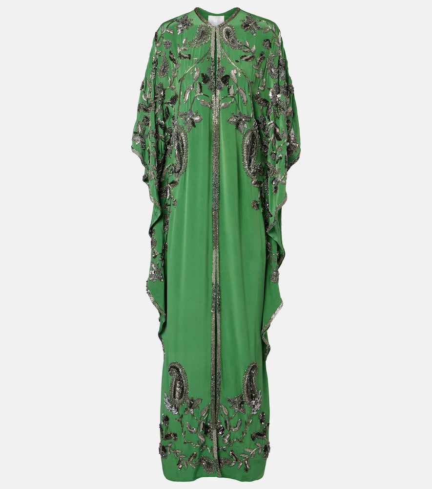 Johanna Ortiz Mystical Gaucho Embellished Silk Kaftan In Green