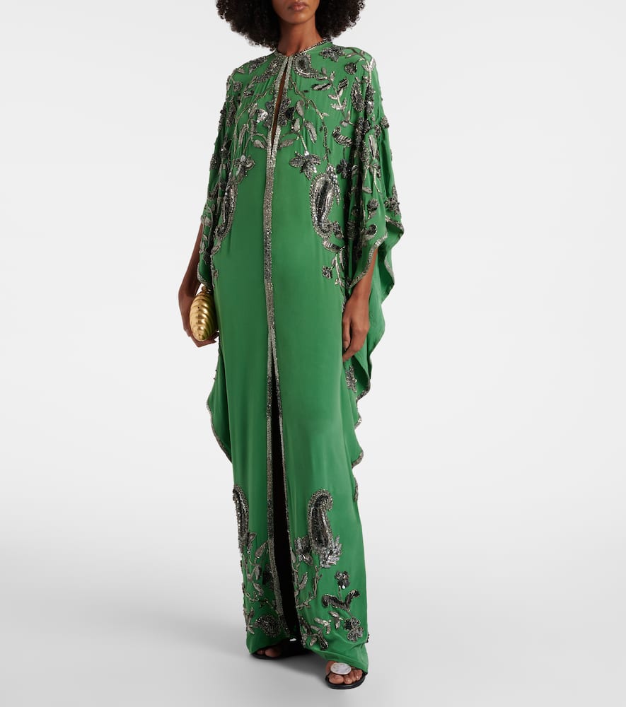 Johanna Ortiz Mystical Gaucho Embellished Silk Kaftan In Green