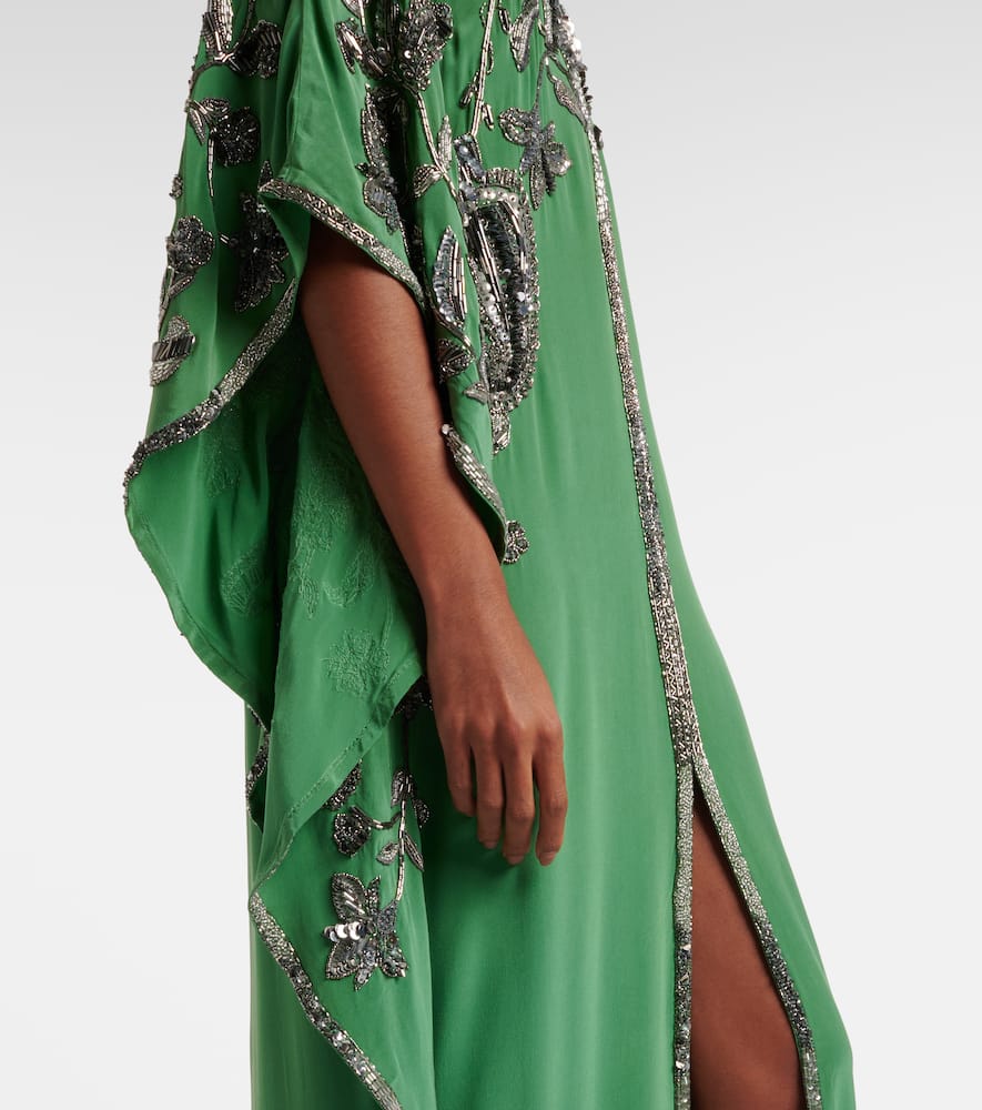 Johanna Ortiz Mystical Gaucho Embellished Silk Kaftan In Green