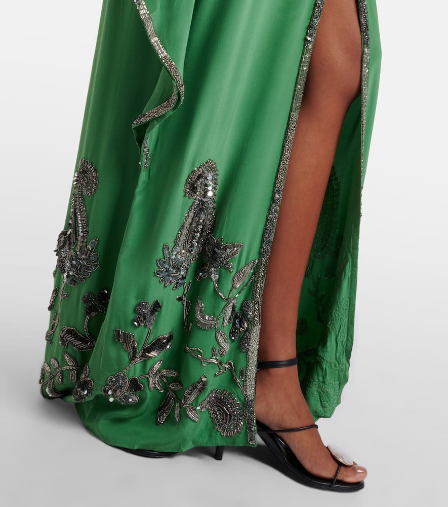 Johanna Ortiz Mystical Gaucho Embellished Silk Kaftan In Green