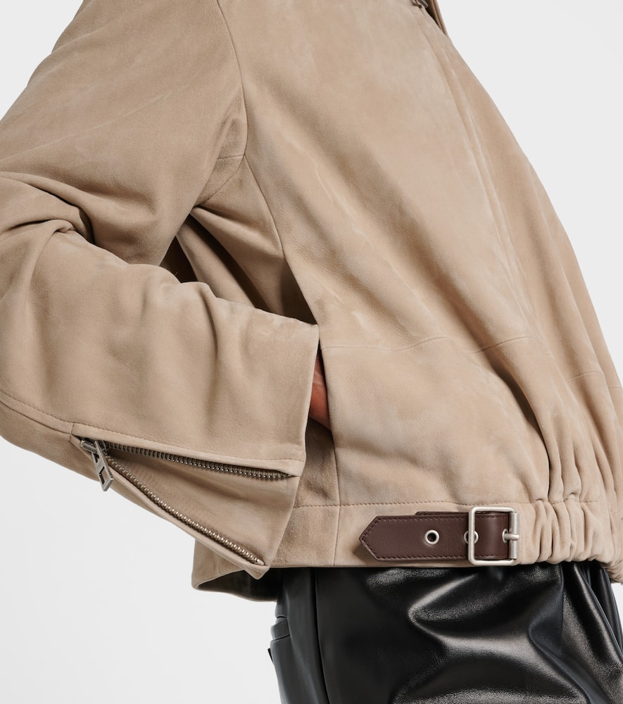 Loewe Buckle-embellished Leather-trimmed Suede Jacket In Neutral