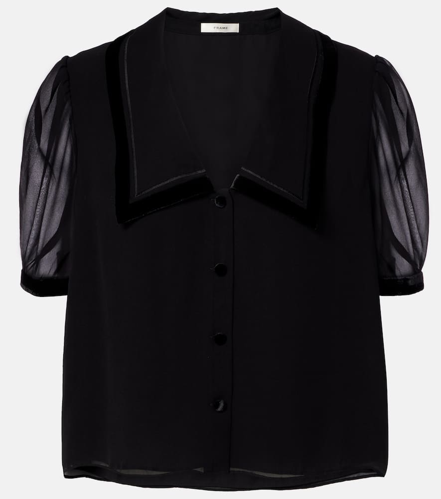 Frame Womens Black The Velvet Trim Sailor Silk Blouse In Black