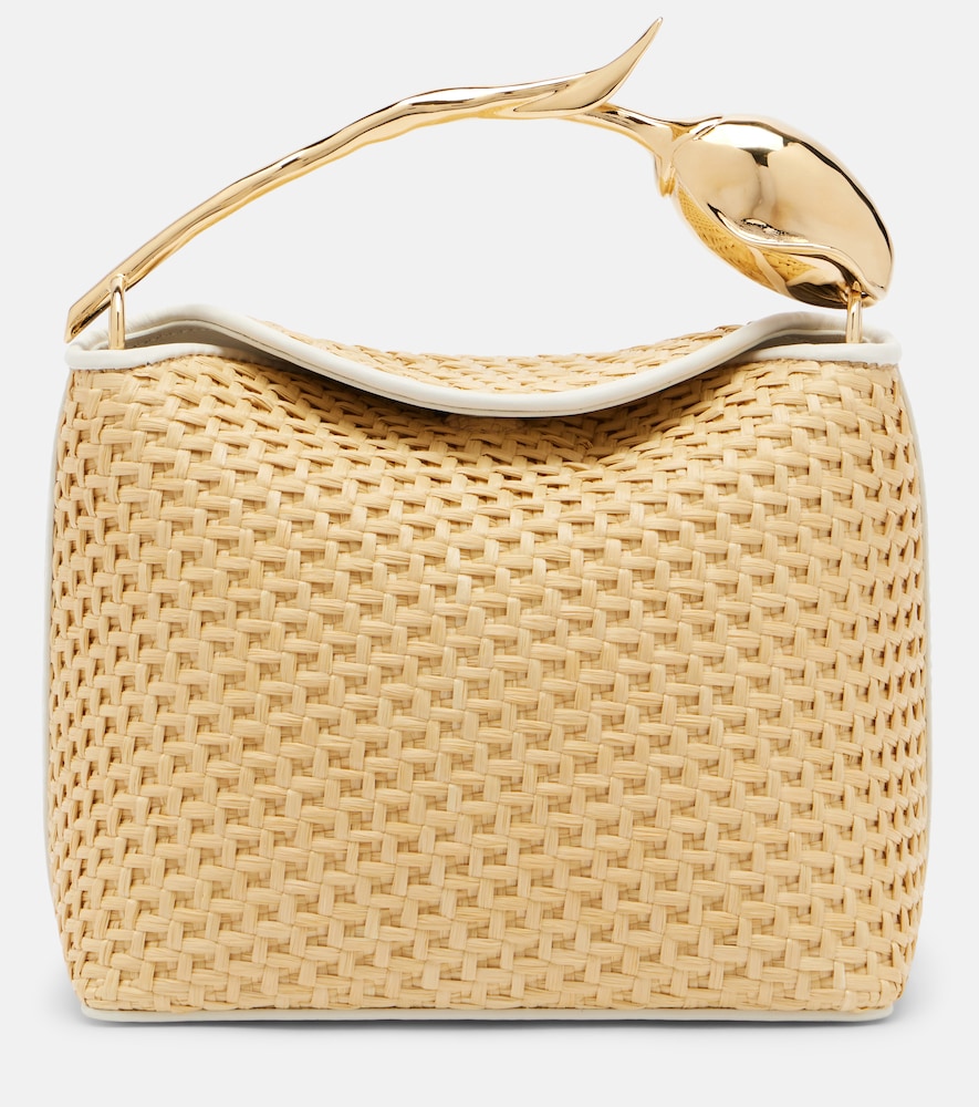 Erdem Bloom Mini leather-trimmed raffia top-handle bag