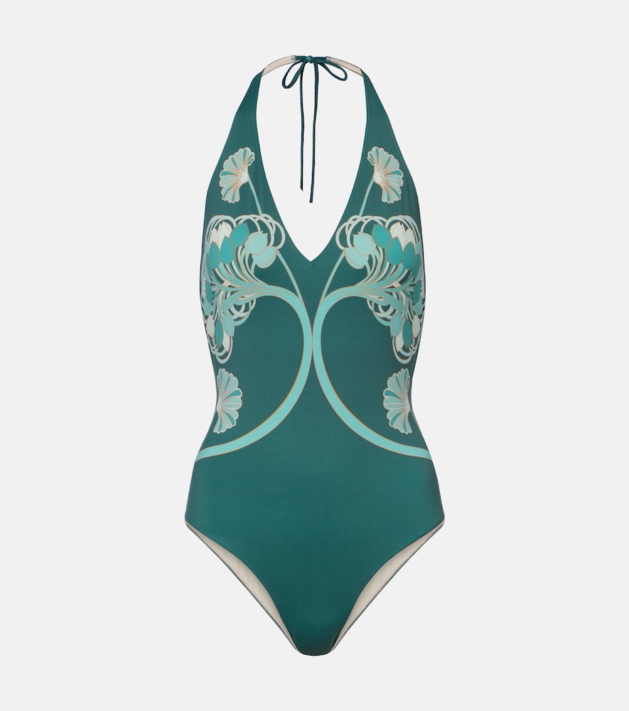 La Doublej Printed Halterneck Swimsuit In Green
