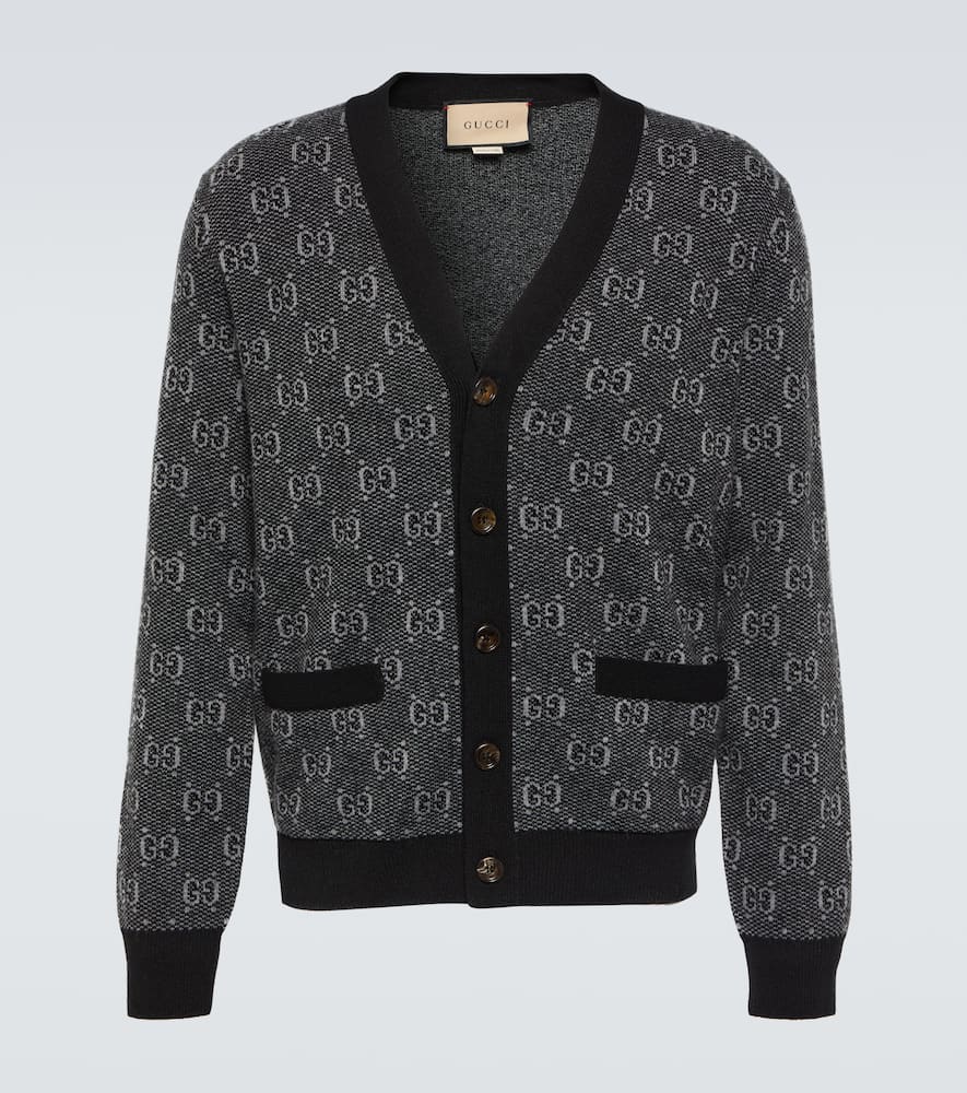 Shop Gucci Jacquard Wool Cardigan In Grey