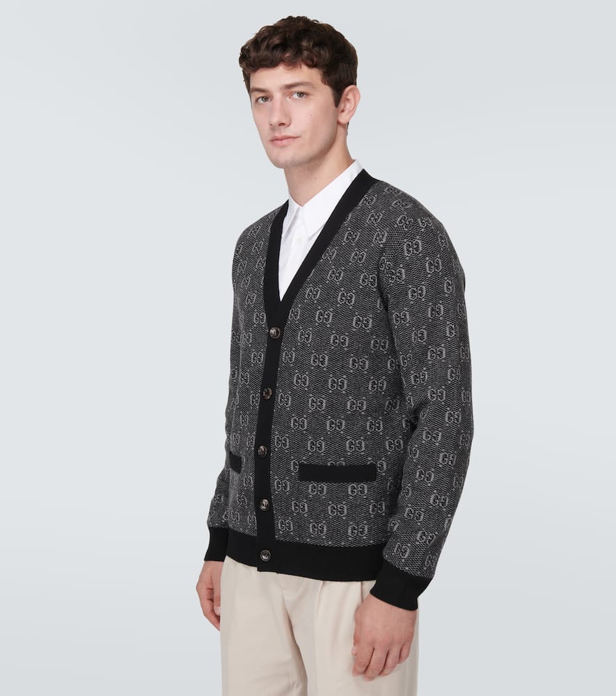 Shop Gucci Jacquard Wool Cardigan In Grey