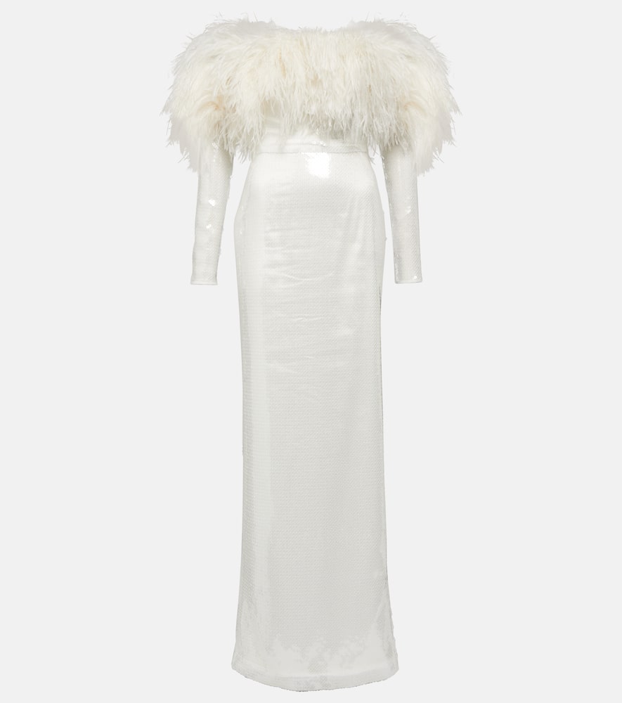 David Koma Off-shoulder sequined feather-trimmed gown