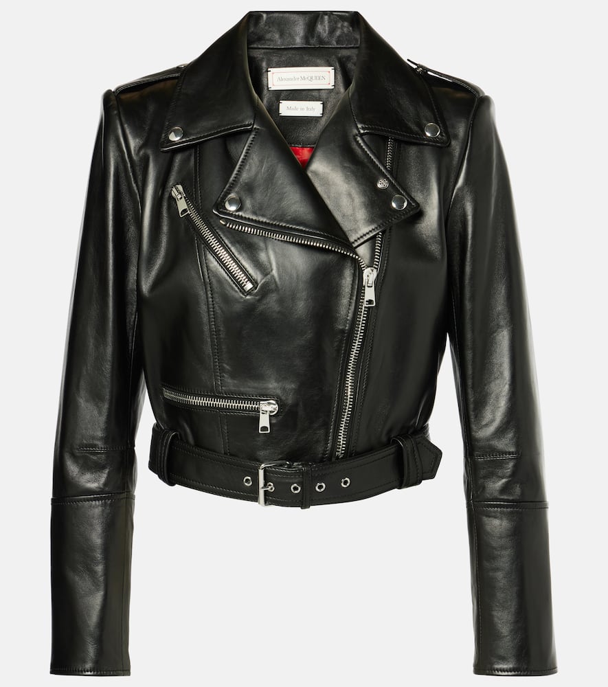 Alexander Mcqueen Cropped Biker Leather Jacket In Black