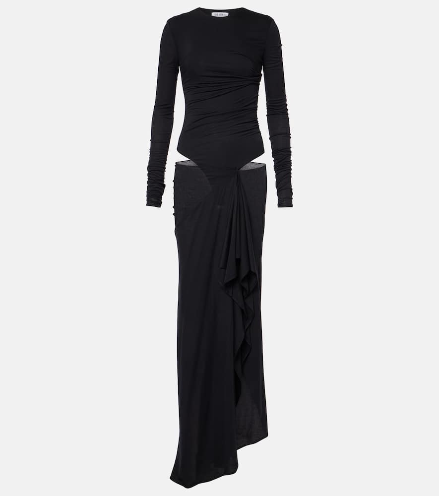Draped cutout semi-sheer maxi dress