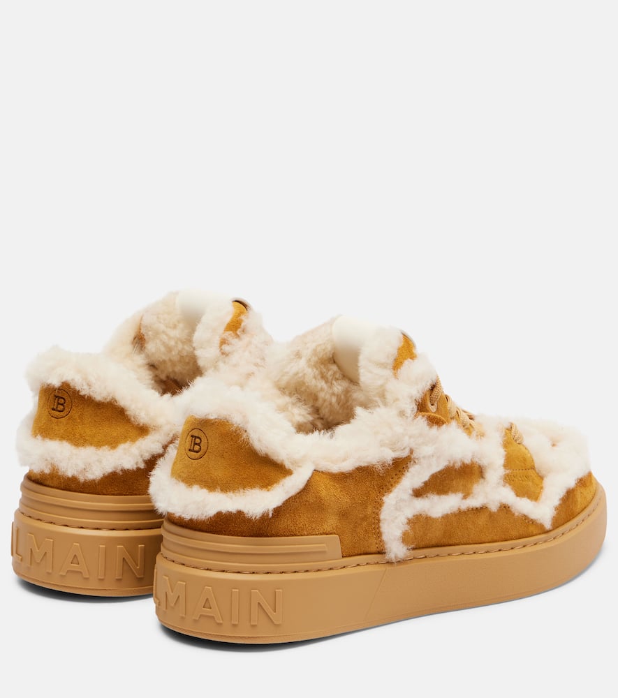 Balmain Shearling-trimmed Suede Sneakers In Brown
