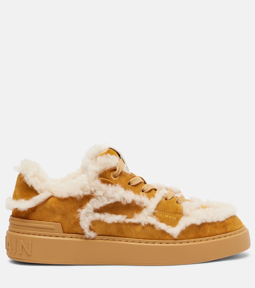 Balmain Shearling-trimmed Suede Sneakers In Brown