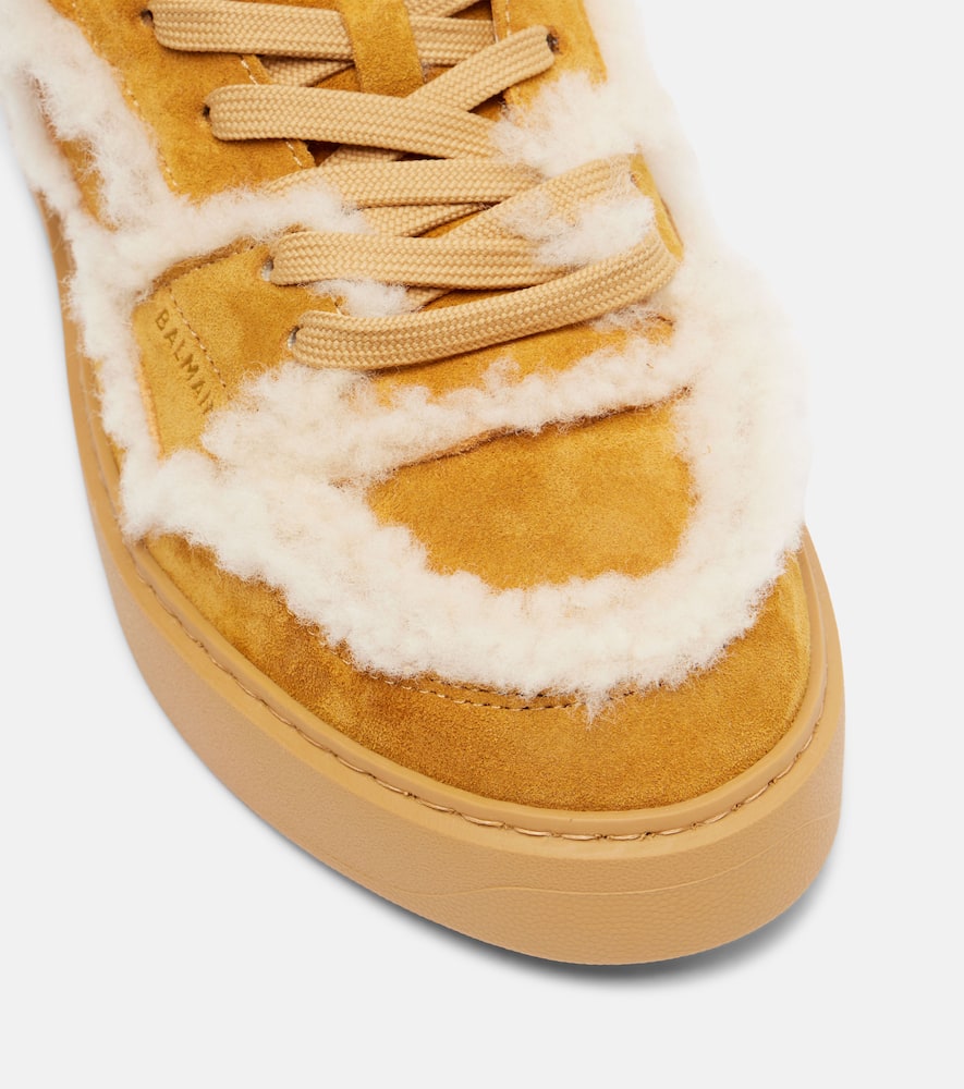 Balmain Shearling-trimmed Suede Sneakers In Brown