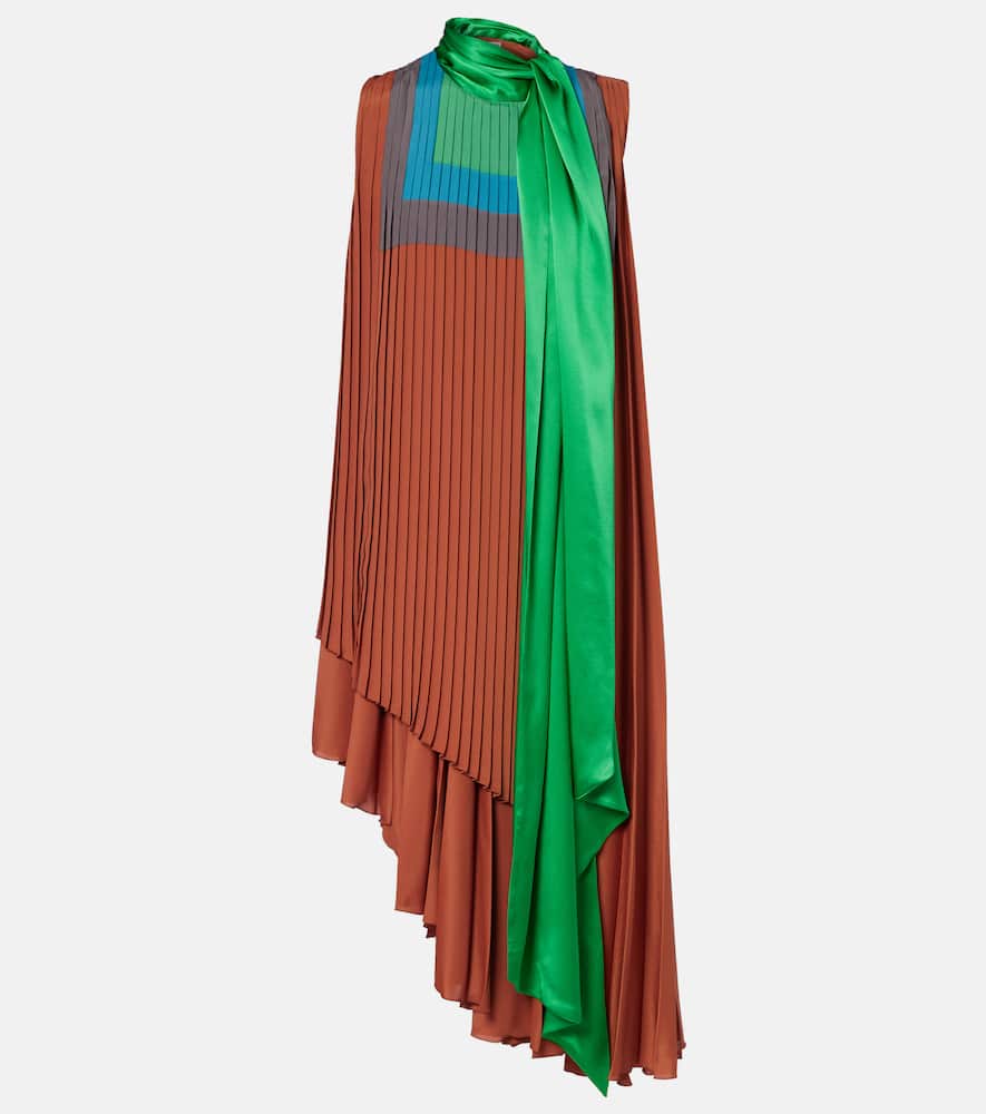 Loewe Pleated Asymmetric Midi Dress In Brown