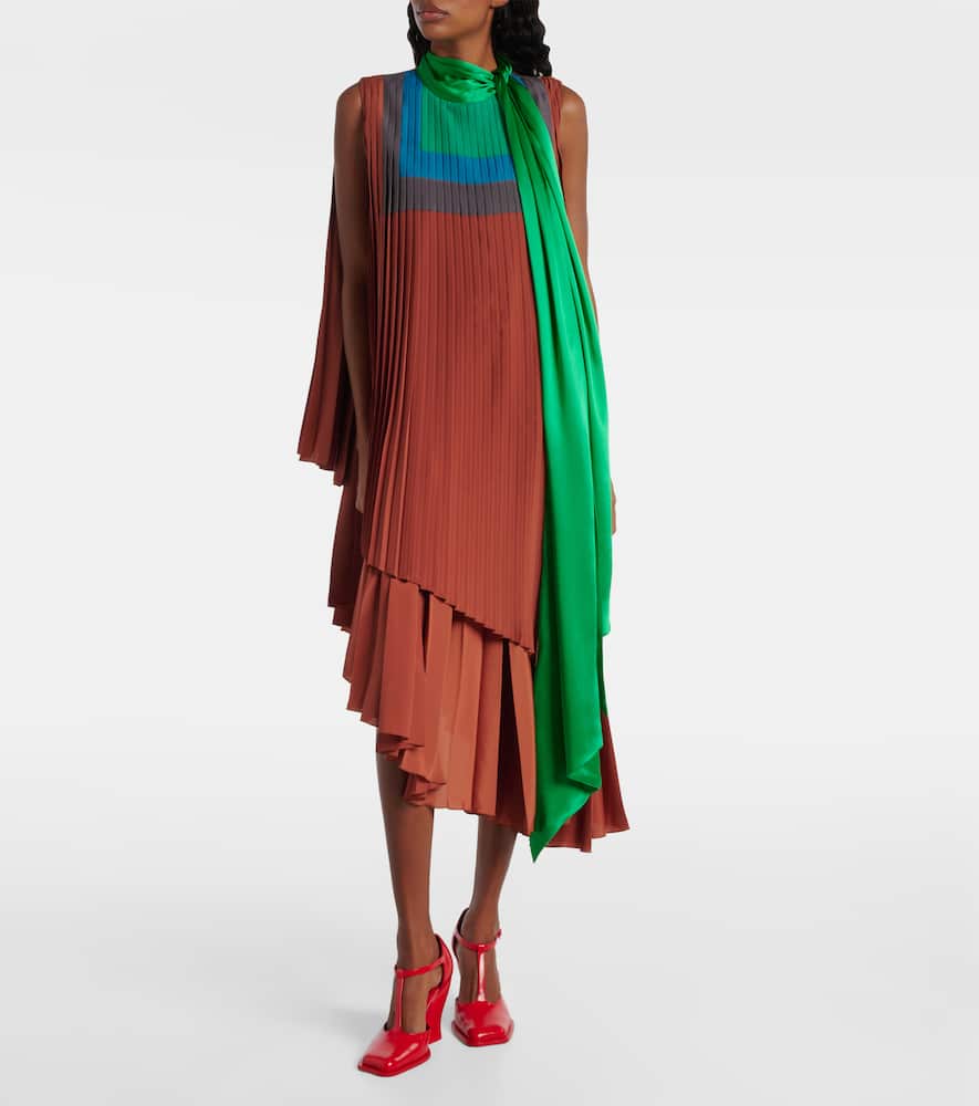 Loewe Pleated Asymmetric Midi Dress In Brown
