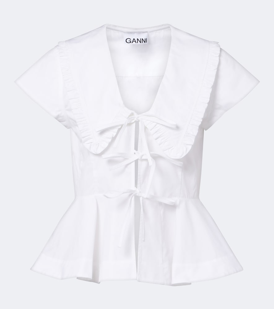 Ganni Bow-detail Peplum Cotton Poplin Blouse In White
