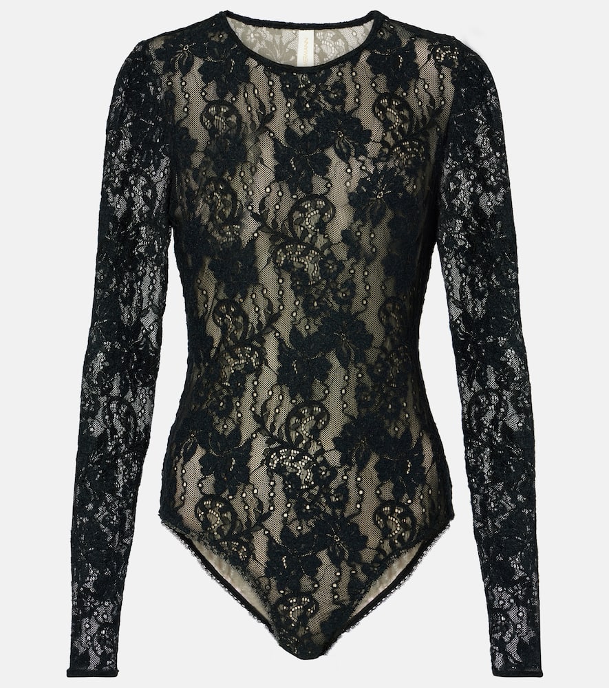 Zimmermann Fitted Black Lace Bodysuit With Floral Design And Inset Jelly Ribbon In Black