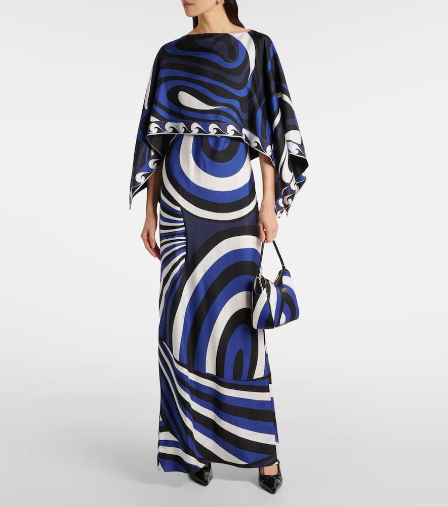 Pucci Iride Silk Twill Slip Dress And Cape In Blue