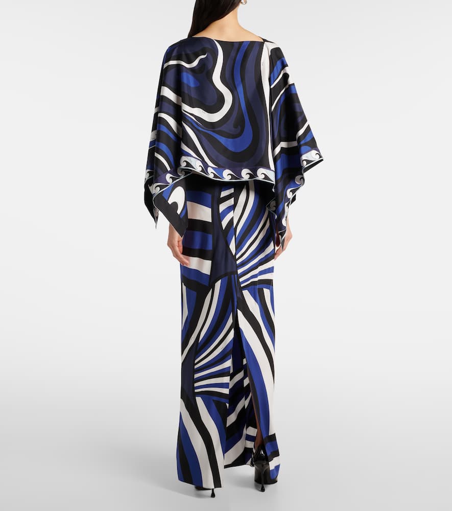 Pucci Iride Silk Twill Slip Dress And Cape In Blue
