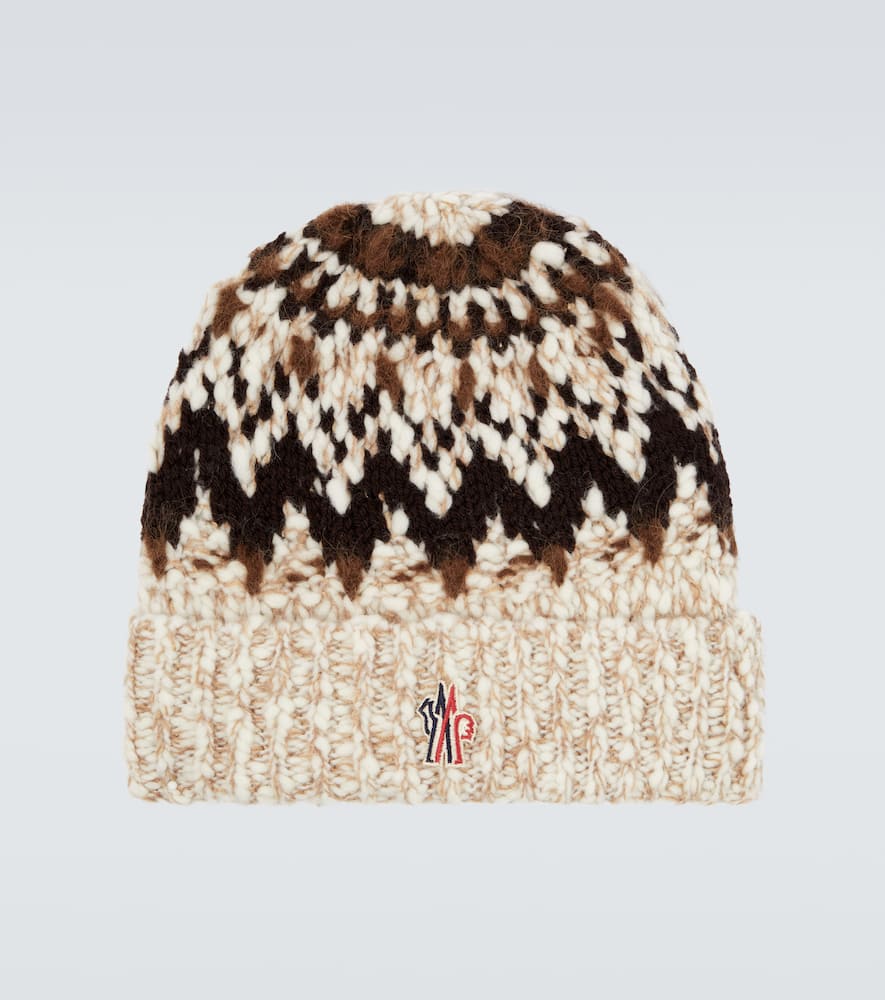 Moncler Beige Brown Geometric Pattern Beanie Hat In Multi