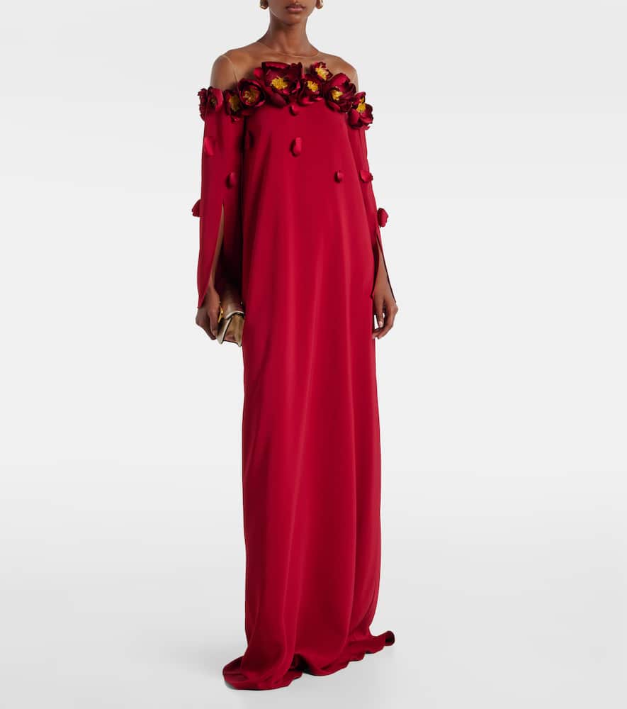Oscar De La Renta Embellished Mesh-trimmed Crepe Gown In Red