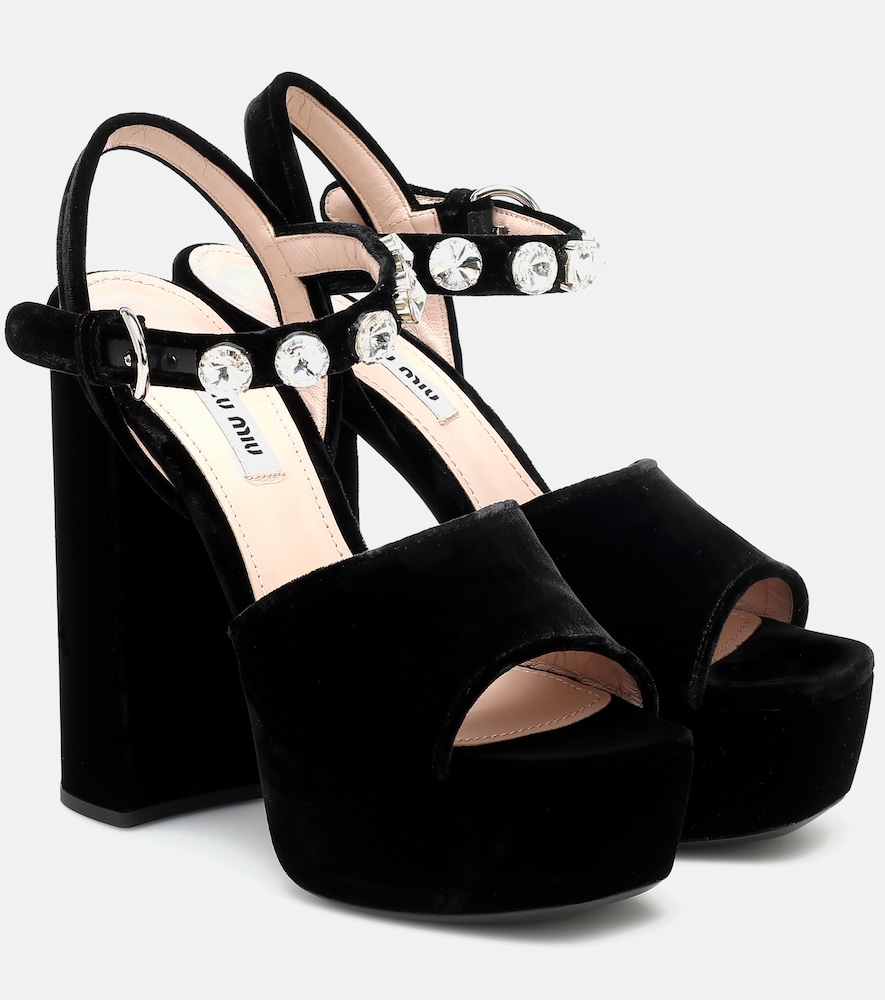 Miu Miu Women's Black Embellished Velvet Platform Sandals UK Size 8 - Mytheresa