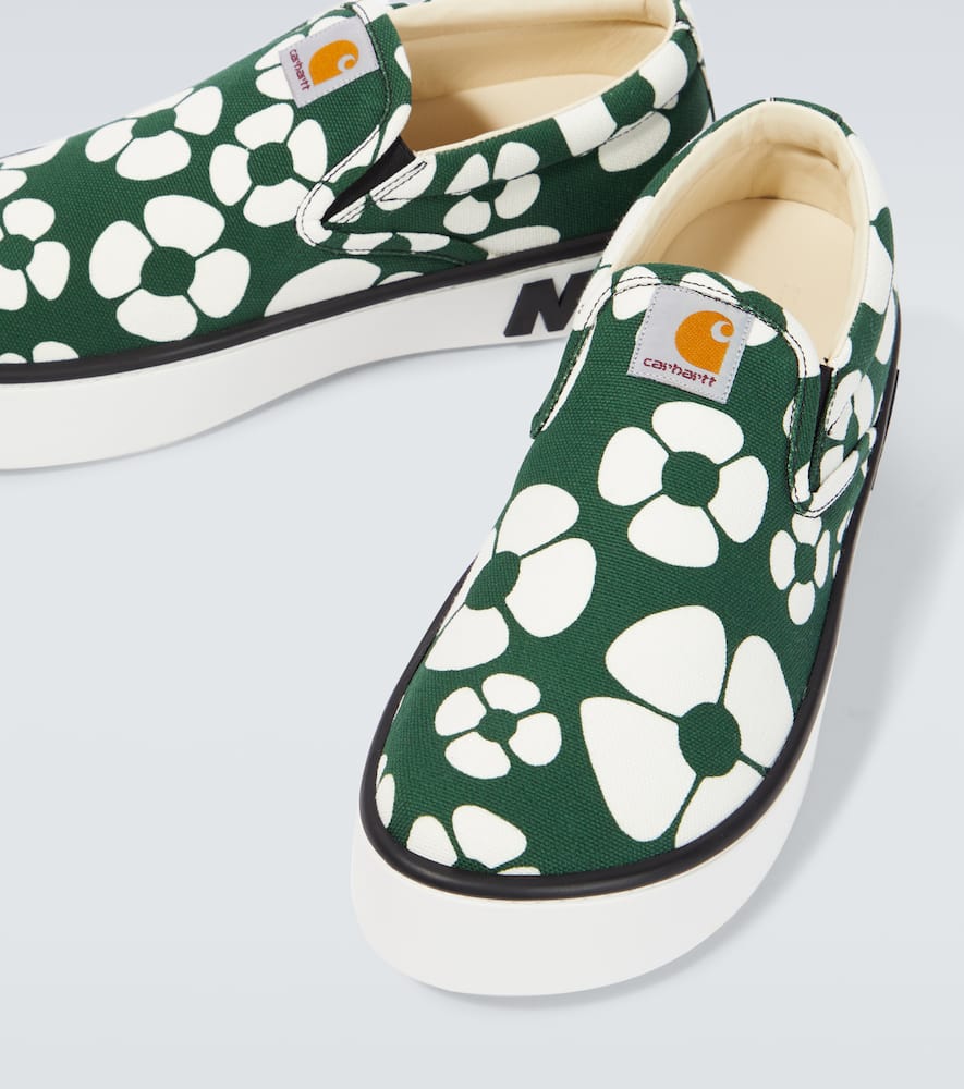 Marni Carhartt Floral-printed Slip On Sneakers With Embossed Logo In Forest Green