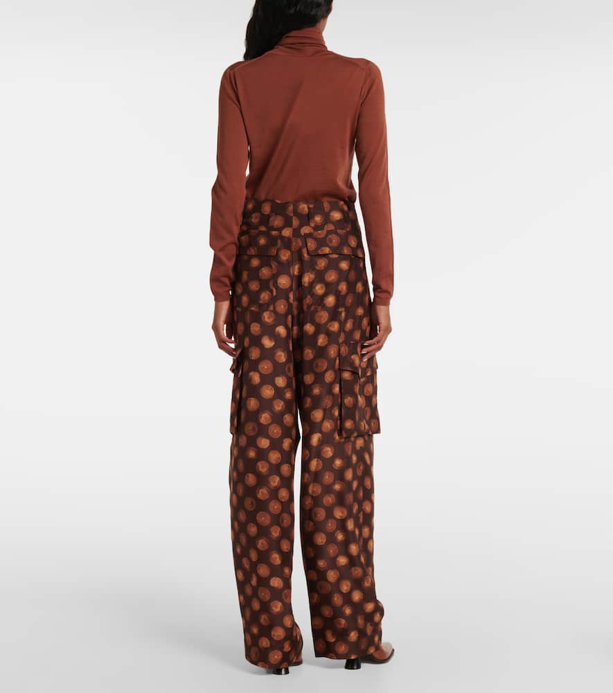 Dries Van Noten Printed Silk Cargo Pants In Brown