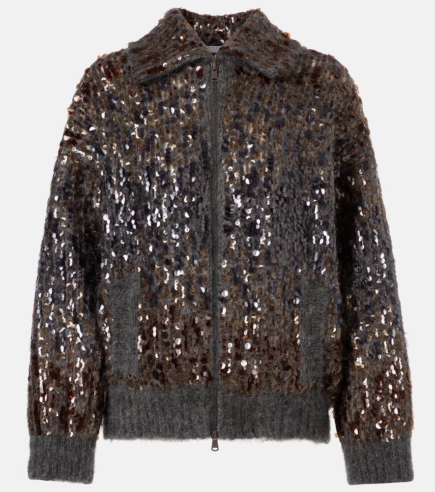 Brunello Cucinelli Sequined Mohair-blend Zip-up Sweater In Gray