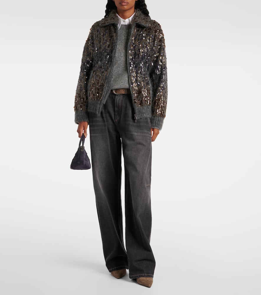 Brunello Cucinelli Sequined Mohair-blend Zip-up Sweater In Gray