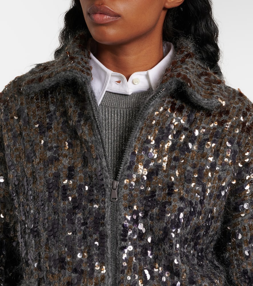 Brunello Cucinelli Sequined Mohair-blend Zip-up Sweater In Gray
