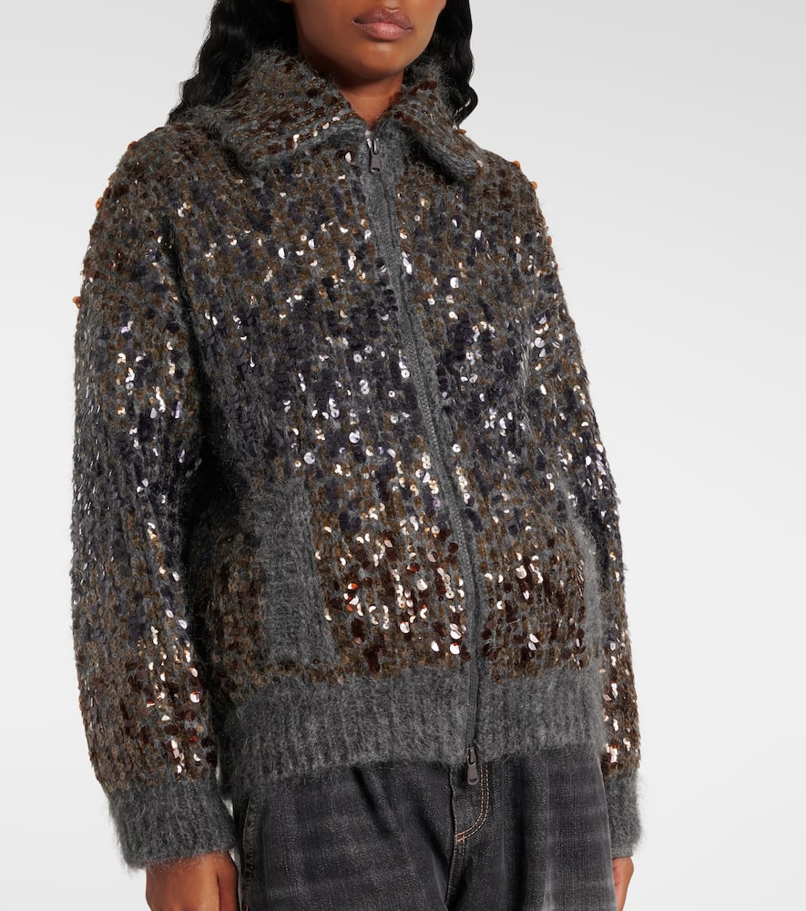 Brunello Cucinelli Sequined Mohair-blend Zip-up Sweater In Gray